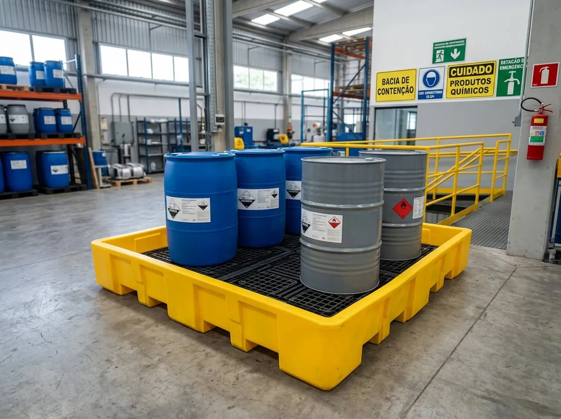 Bacia de contenção para produtos químicos em ambiente industrial