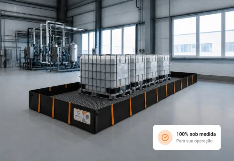 Bacia de contenção para IBC em área industrial com containers armazenados com segurança
