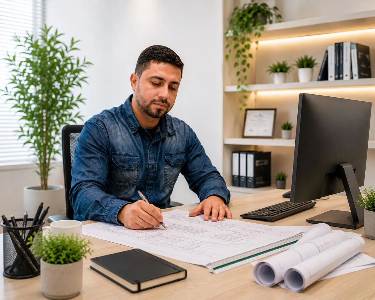 Engenheiro ambiental da Contentech analisando projeto técnico de contenção ambiental